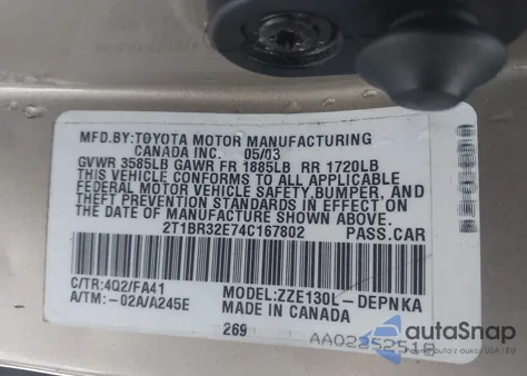 2004 Toyota Corolla Le из США, поврежденный, VIN 2T1BR32E74C167802